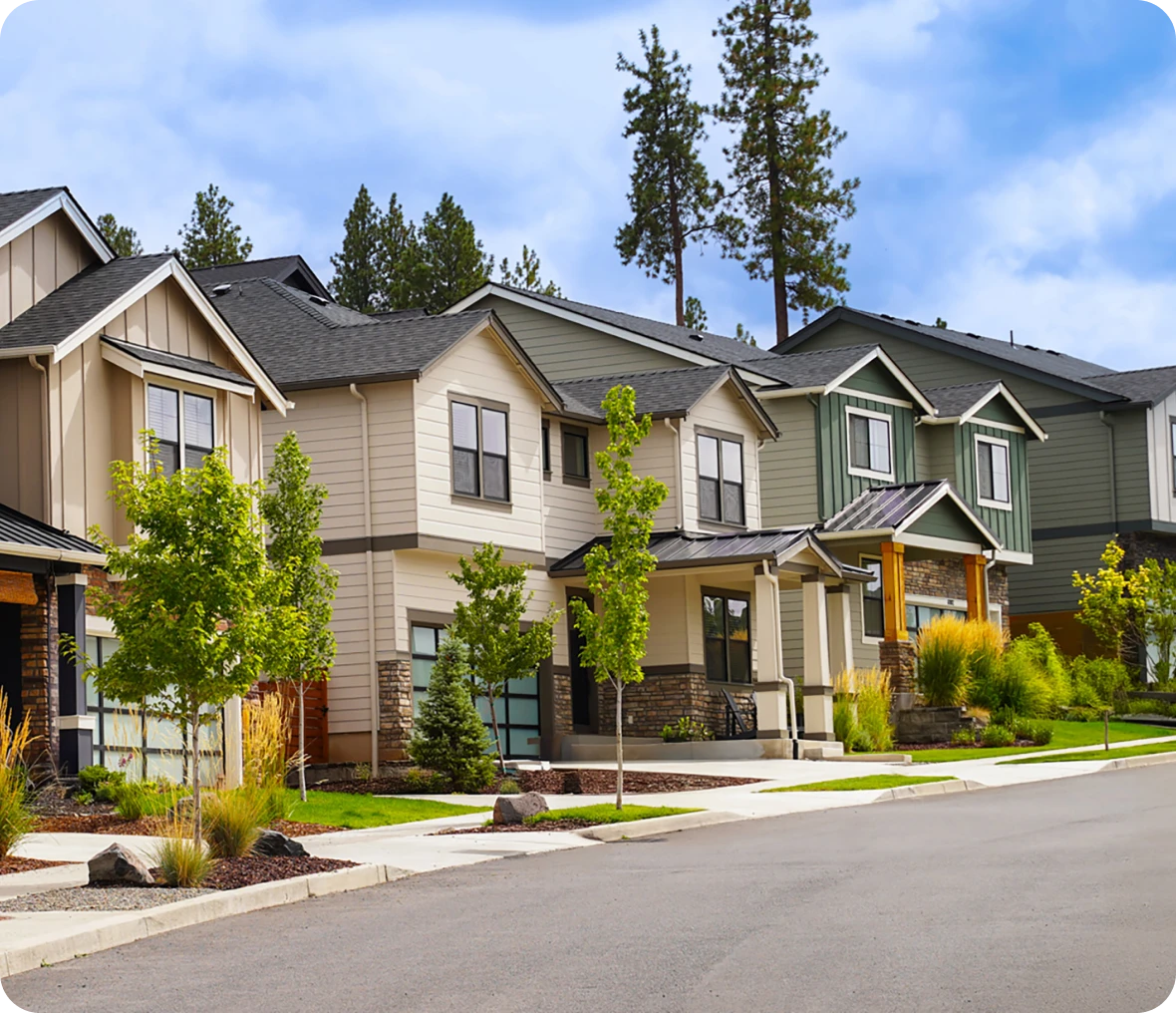 Modern suburban houses with trees